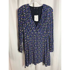 ZARA Women's XL Blue Floral Mini Dress V-Neck Long Sleeve Casual NWT